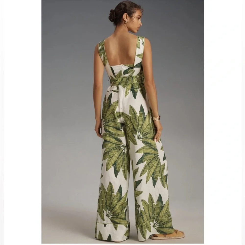 Farm Rio x Anthropologie Palm Fan Off-White Jumpsuit NWT Size XS Linen